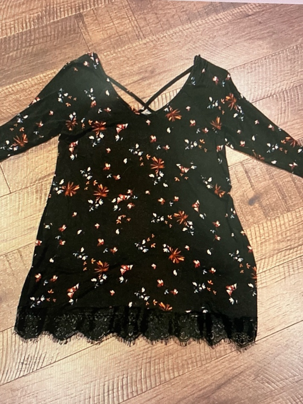 Maurices Black Floral Cold-Shoulder Tunic with Lace Trim
